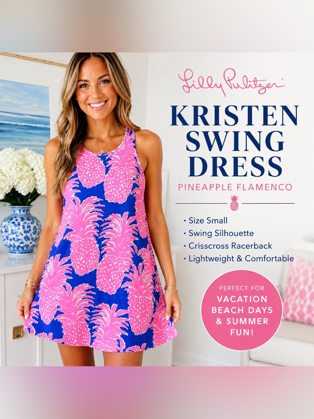 Lilly Pulitzer Kristen Swing Dress Small Pineapple Flamenco Pink Blue Tropical